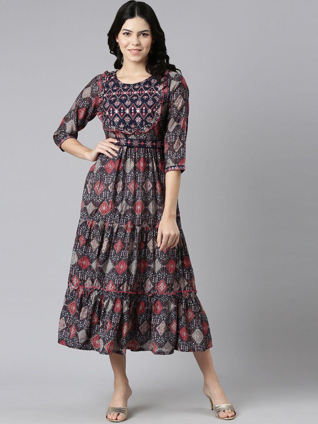 neerus ethnic motifs printed fit & flare midi ethnic dresses