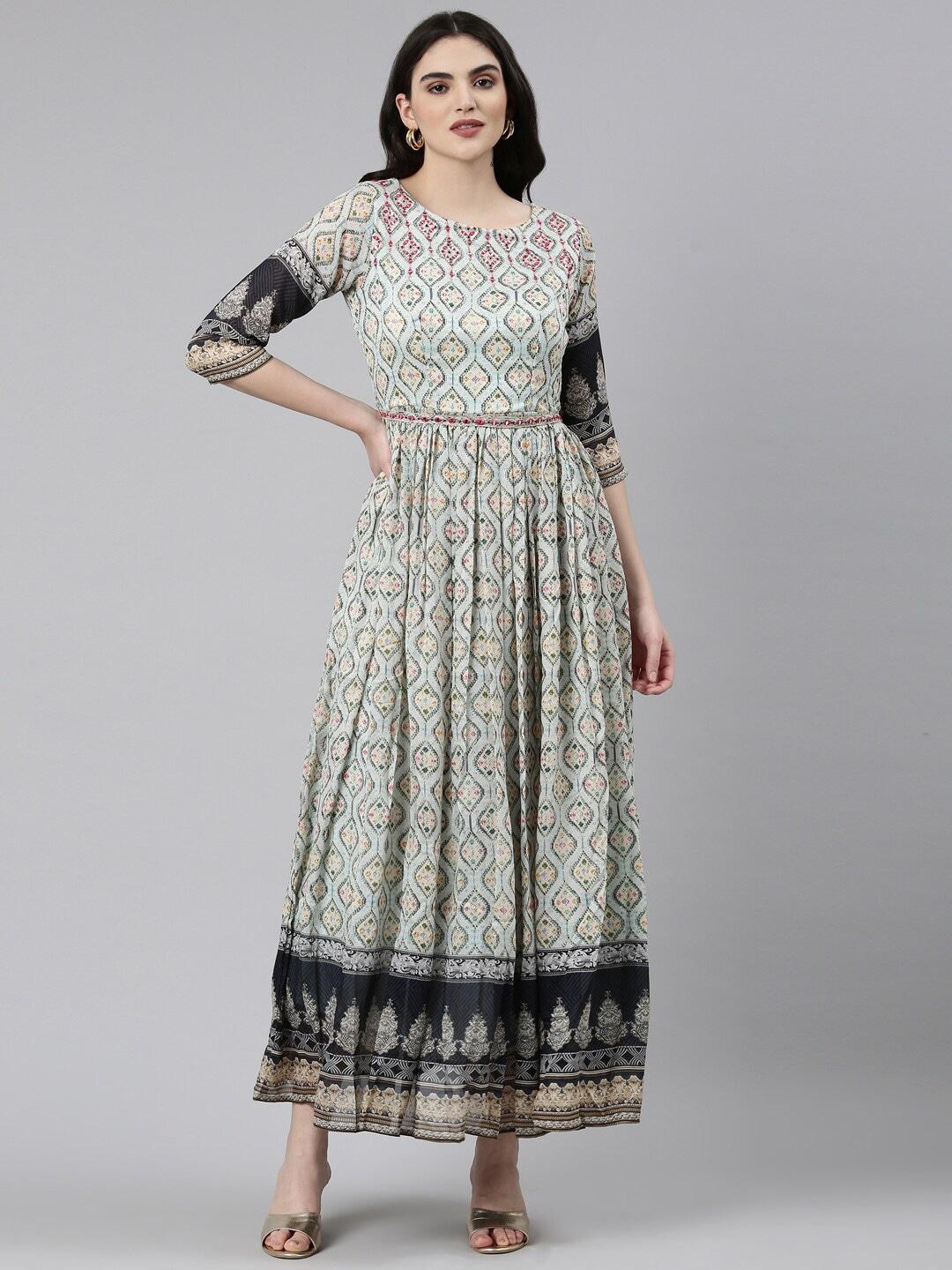 neerus ethnic motifs printed gathered & tie up fit & flare dress