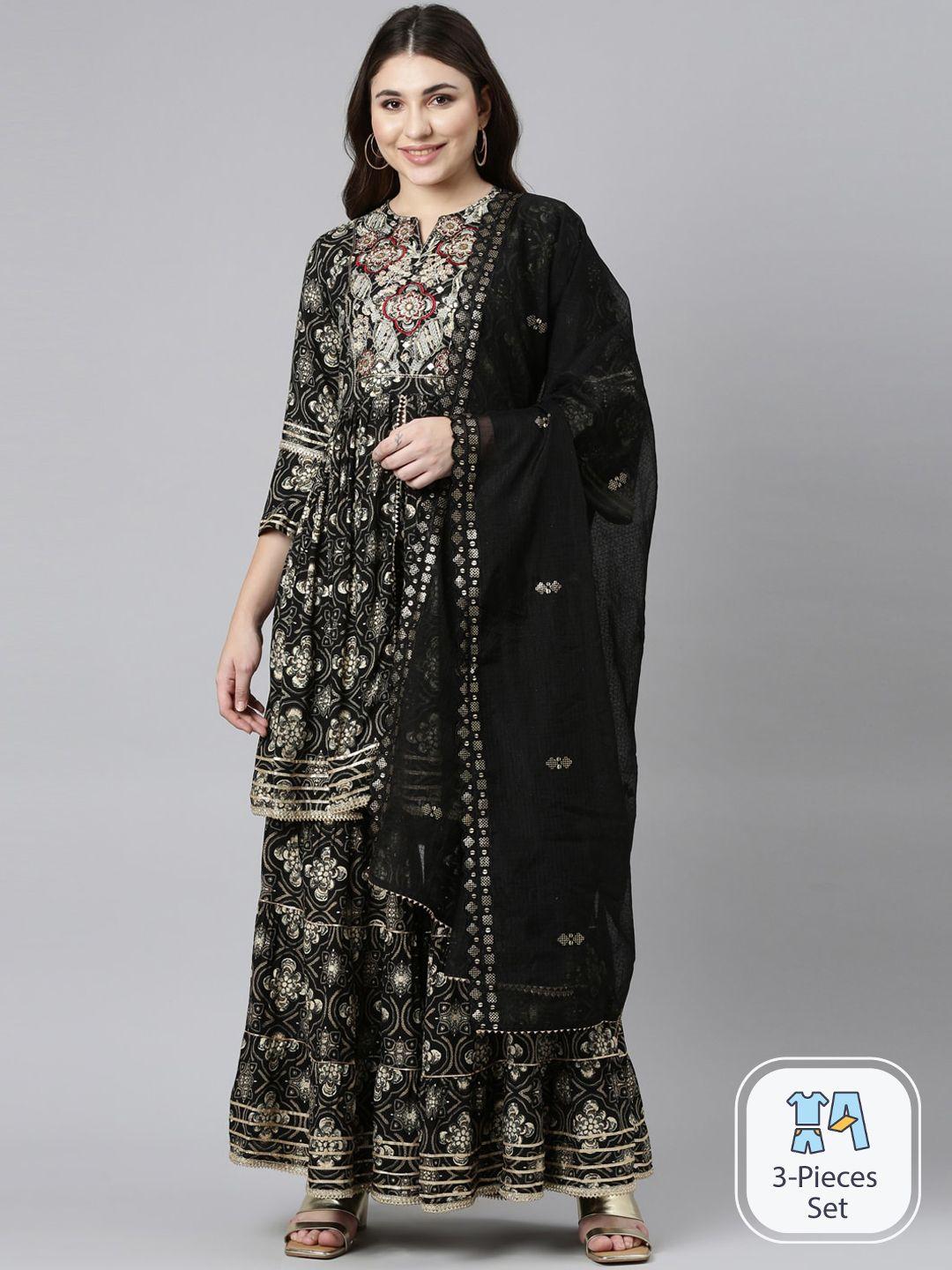 neerus ethnic motifs printed gotta patti anarkali kurta with sharara & dupatta