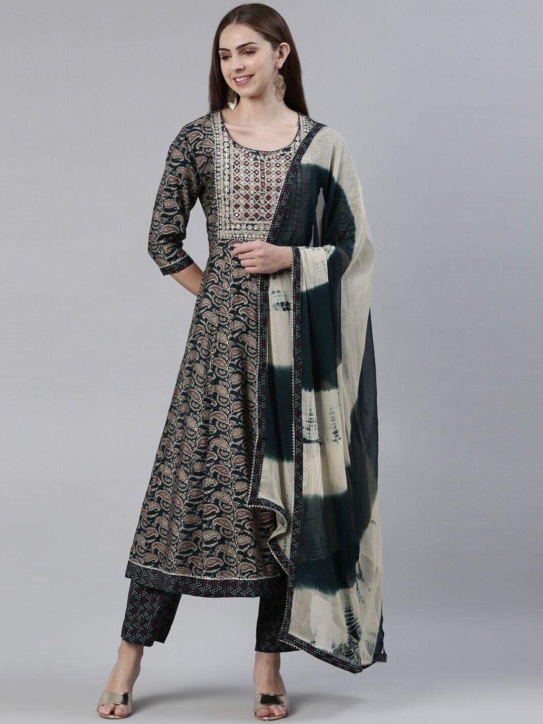 neerus ethnic motifs printed mirror work anarkali kurta with trousers & dupatta