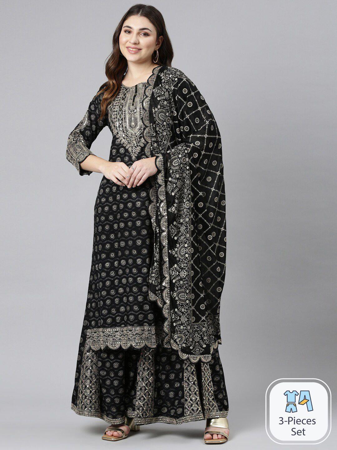 neerus ethnic motifs printed mirror work kurta with sharara & dupatta