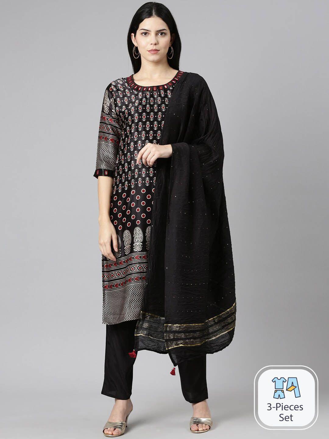 neerus ethnic motifs printed mirror work kurta with trousers & dupatta