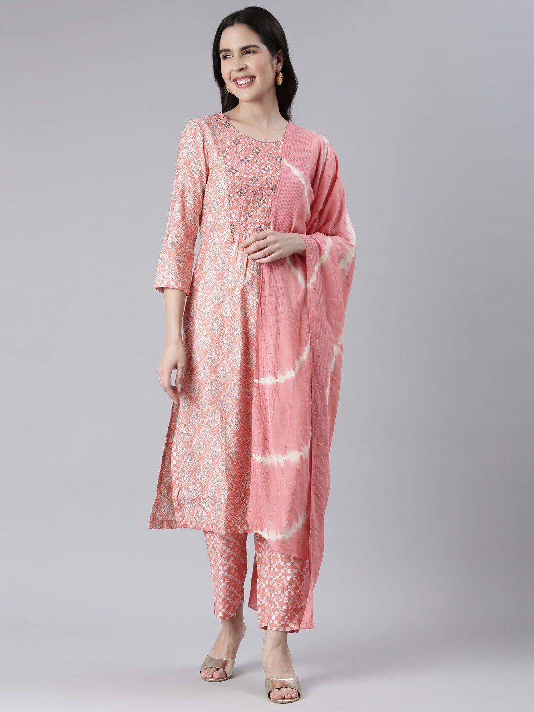 neerus ethnic motifs printed mirror work kurta with trousers & with dupatta