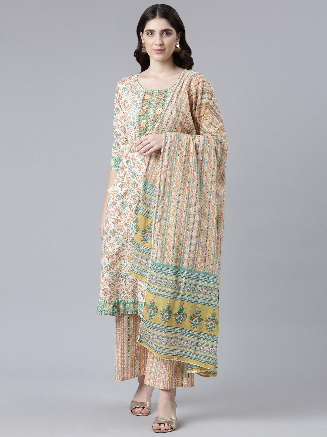 neerus ethnic motifs printed pure cotton anarkali kurta with palazzos & dupatta