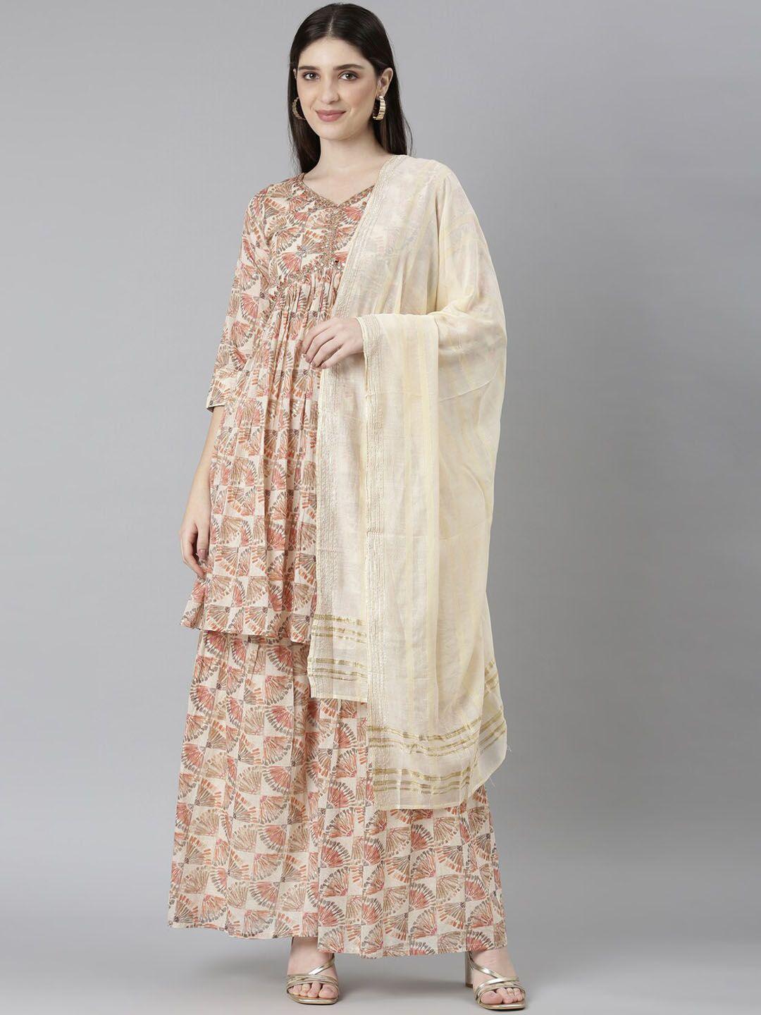 neerus ethnic motifs printed regular mirror work pure cotton kurta with palazzos & dupatta