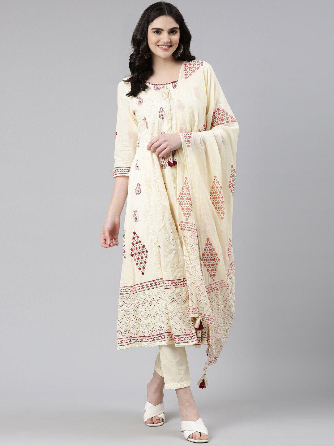 neerus ethnic motifs printed regular pure cotton kurta with trousers & with dupatta