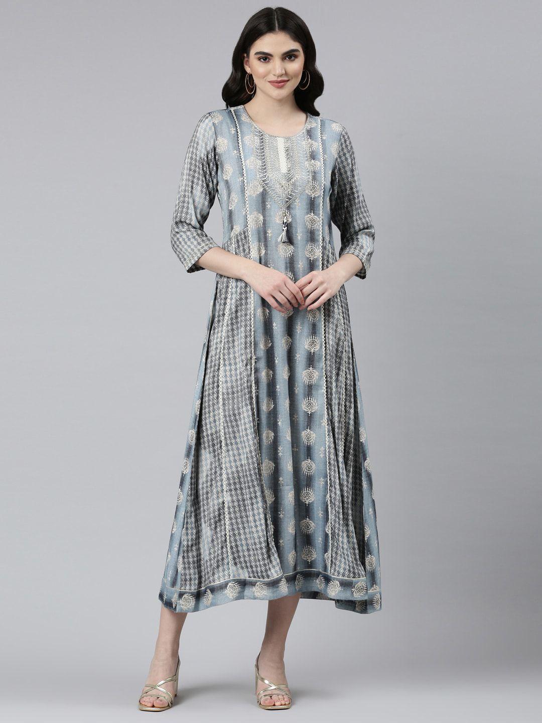 neerus ethnic motifs printed round neck a-line ethnic dress