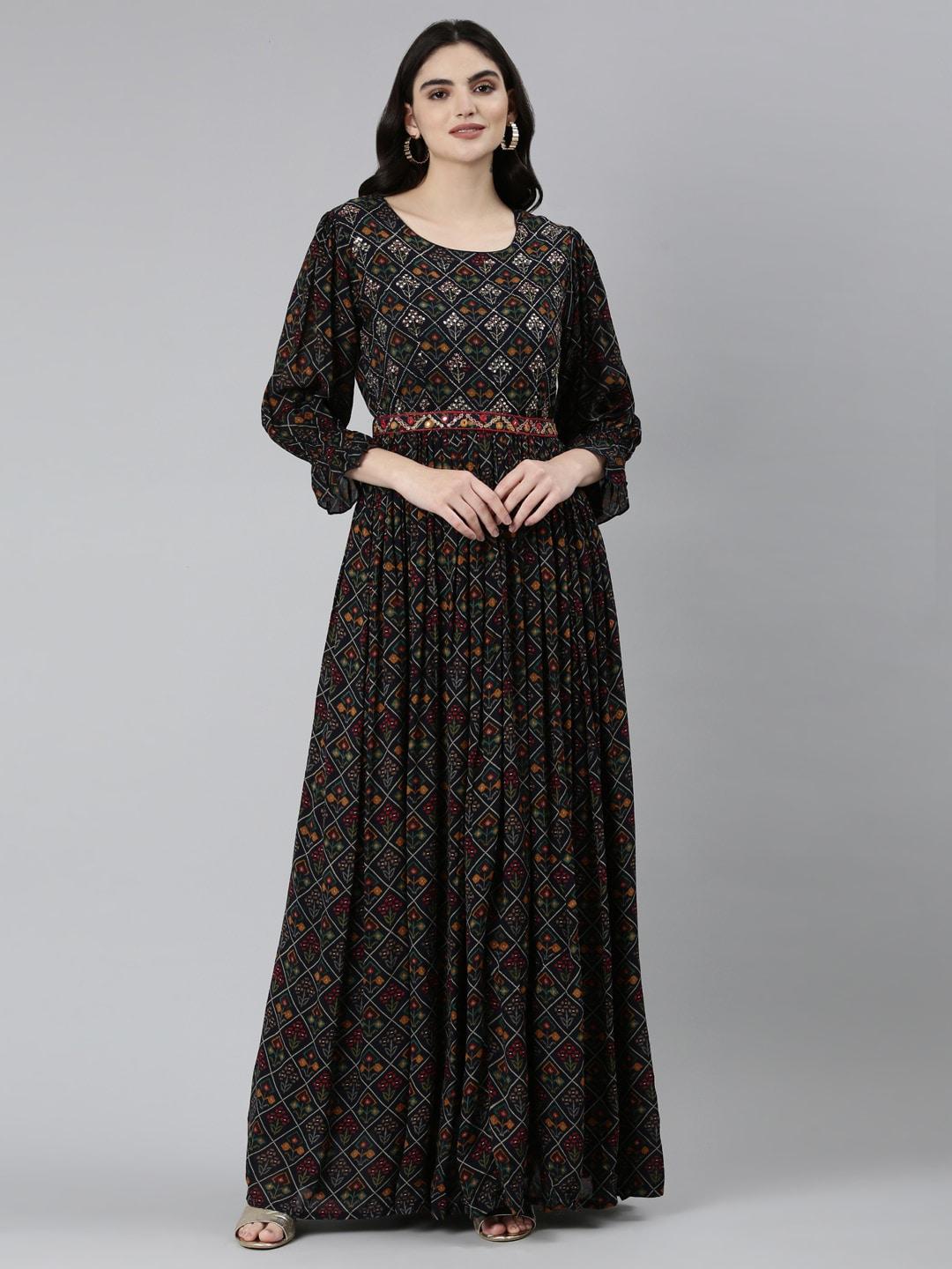 neerus ethnic motifs printed sequined pleated cotton maxi ethnic dress