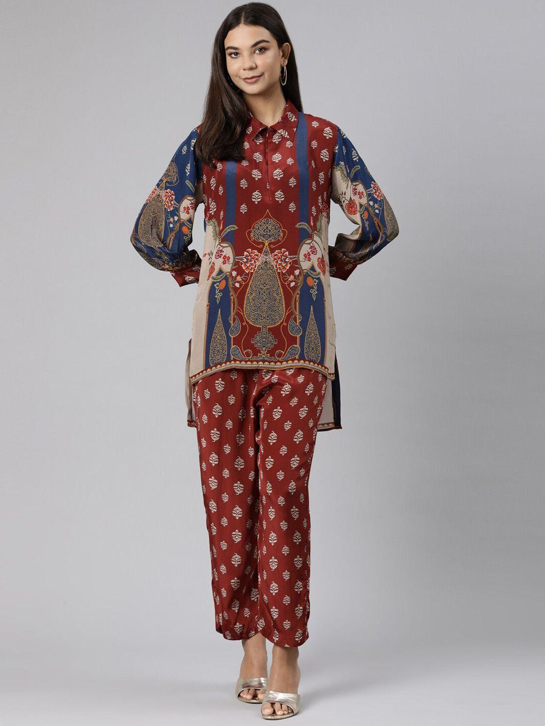 neerus ethnic motifs printed shirt collar kurta with trousers