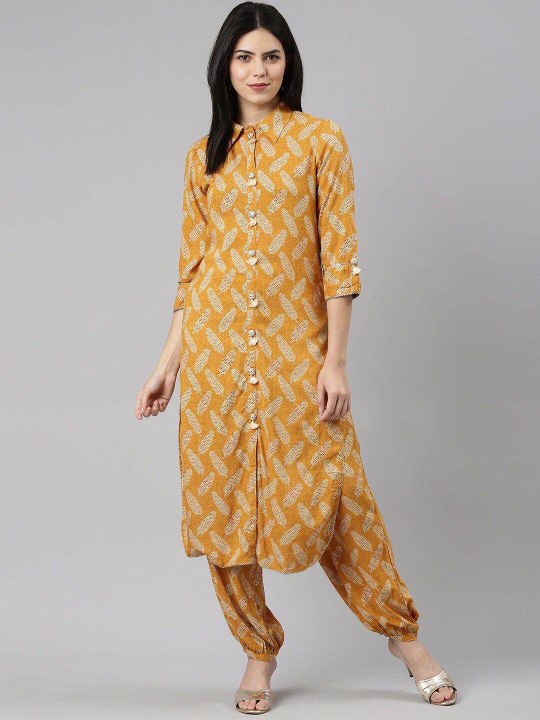 neerus ethnic motifs printed shirt collar three-quarter sleeve gotta patti kurta sets