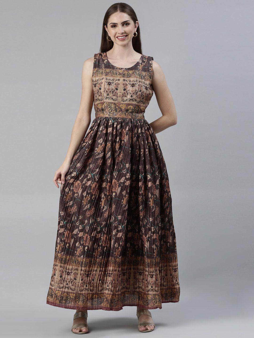 neerus ethnic motifs printed silk sleeveless maxi ethnic dress with belt