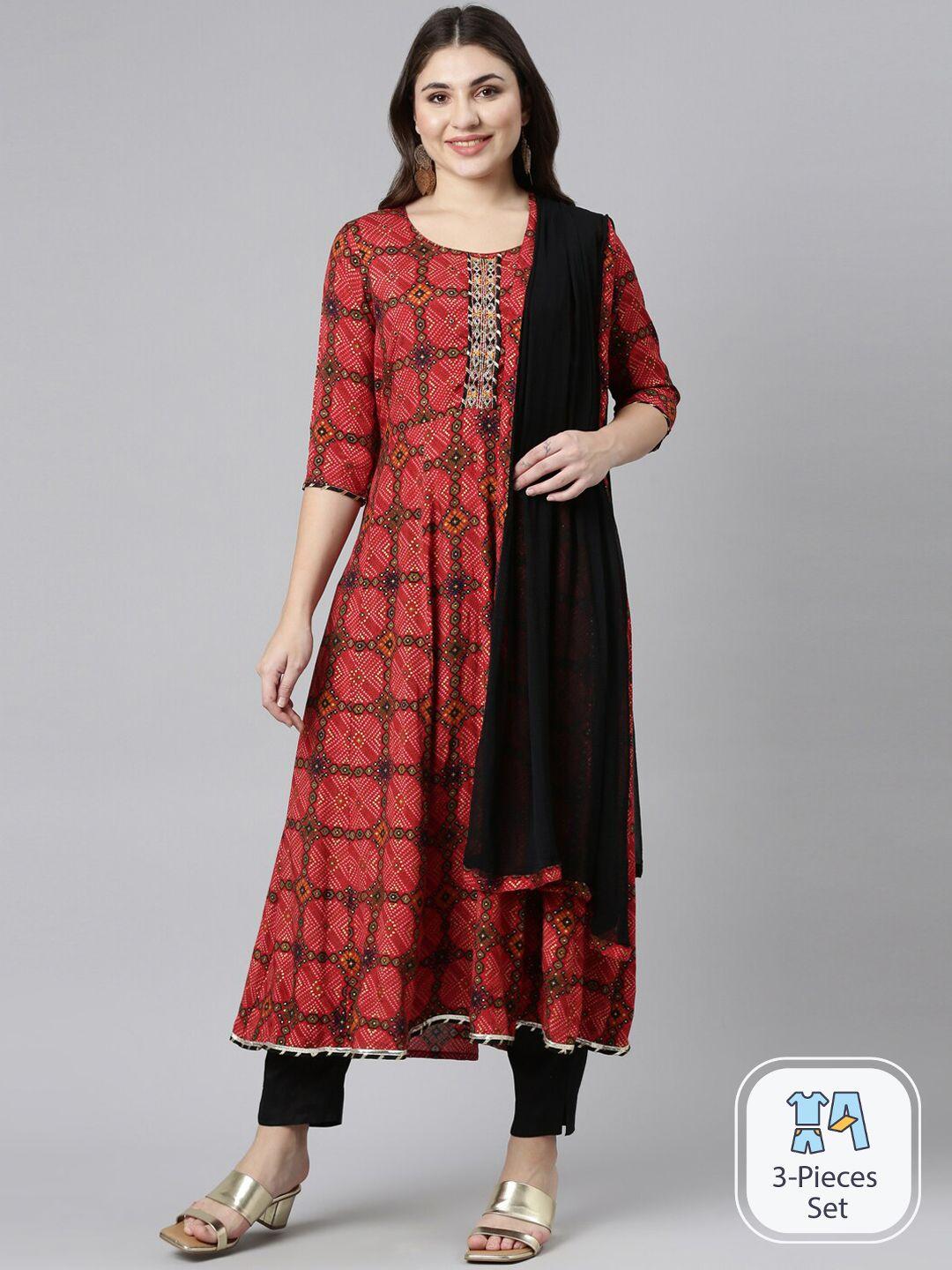 neerus ethnic motifs printed thread work anarkali kurta with trousers & with dupatta