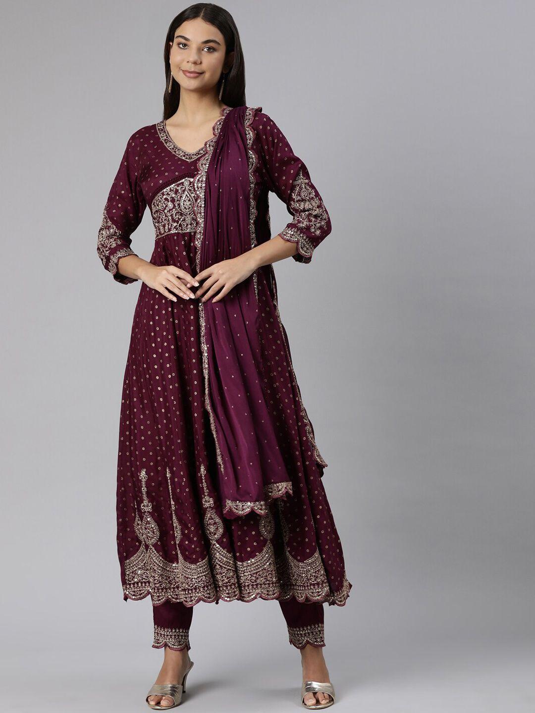 neerus ethnic motifs printed thread work anarkali kurta with trousers & with dupatta