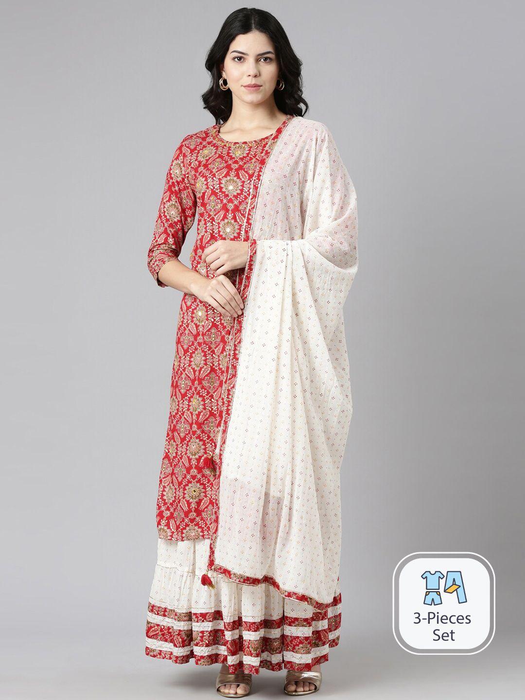 neerus ethnic motifs printed thread work detail straight kurta & skirt with dupatta