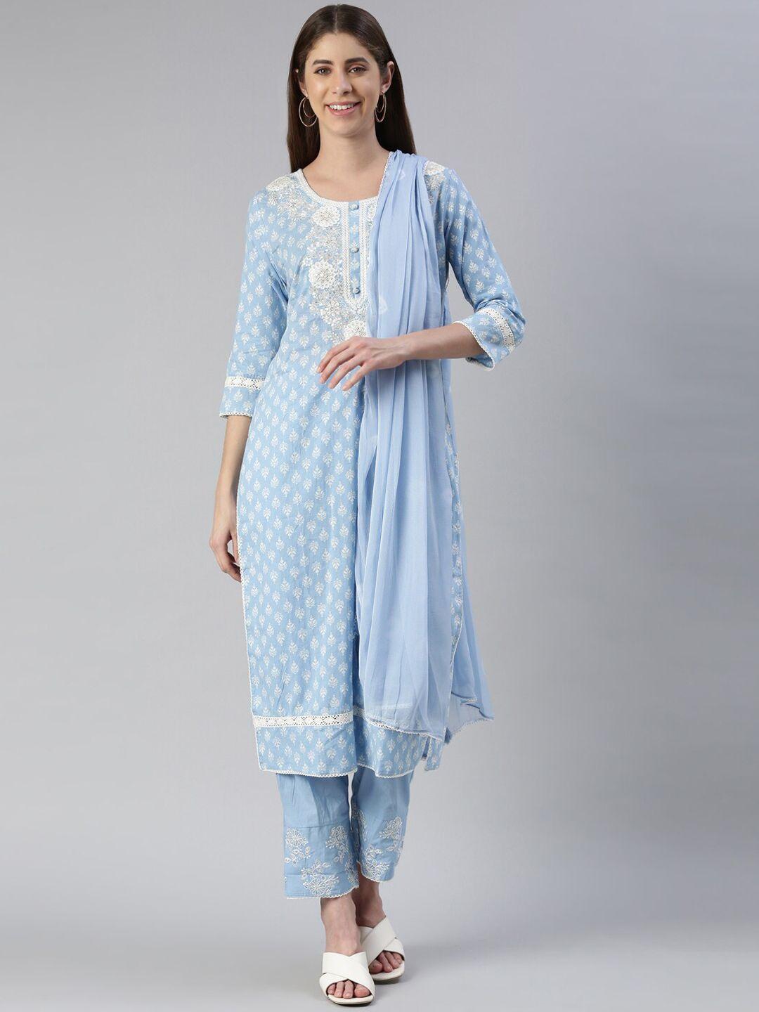 neerus ethnic motifs printed thread work kurta with trousers & with dupatta