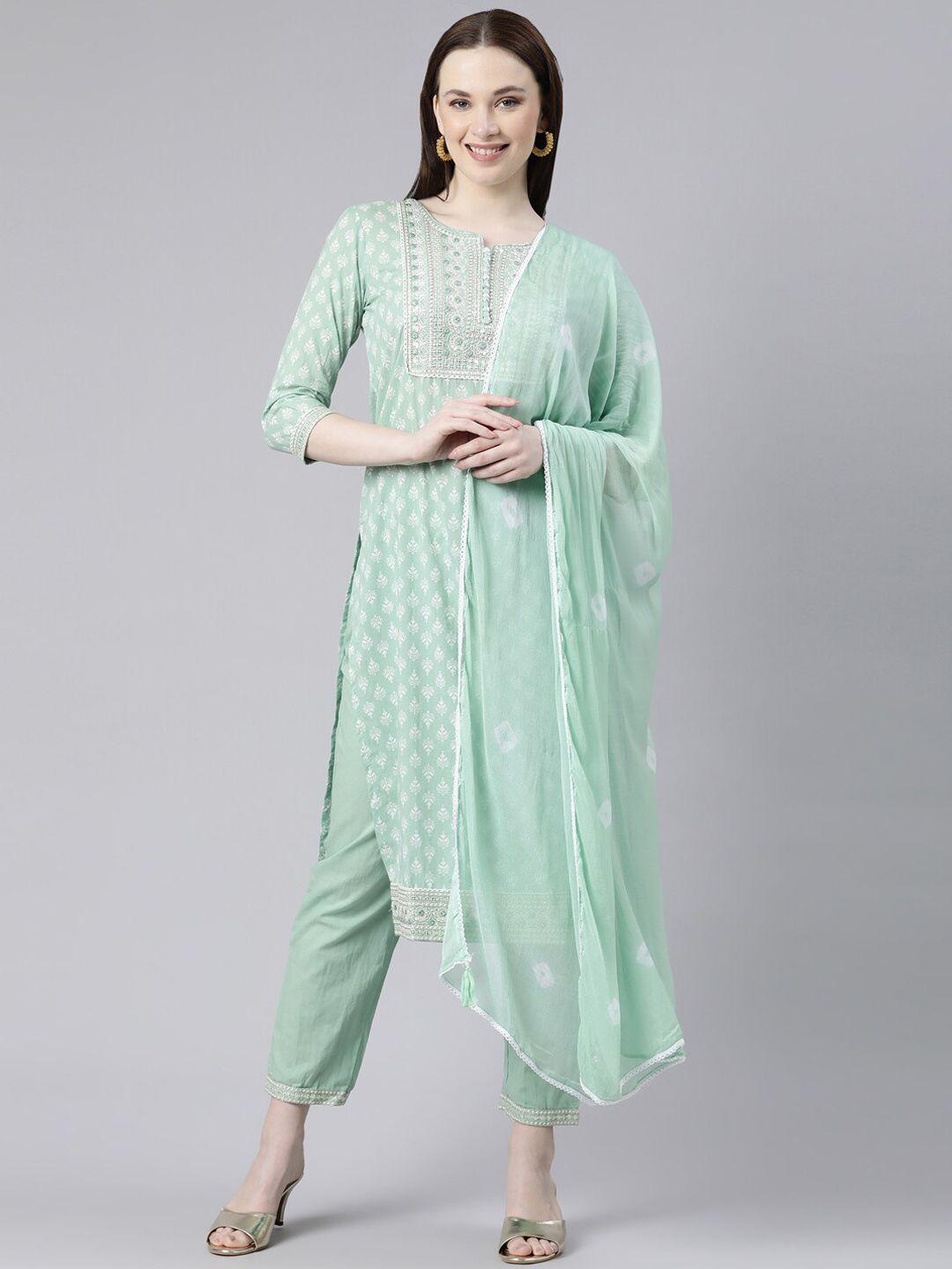 neerus ethnic motifs printed thread work pure cotton kurta with trousers & dupatta