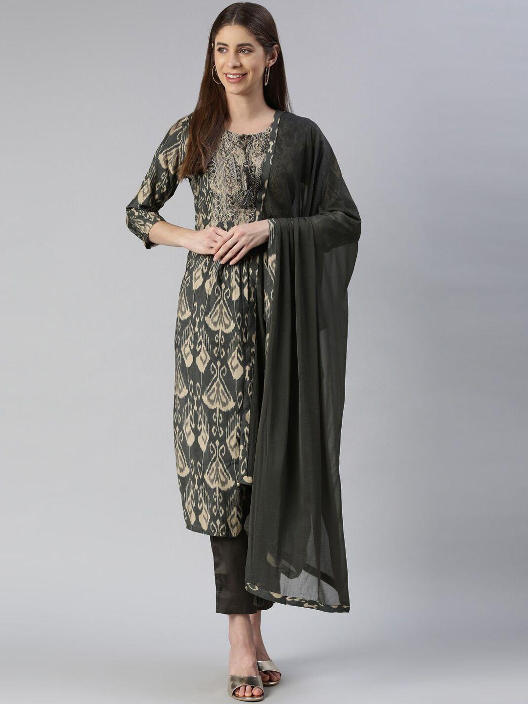 neerus ethnic motifs printed tie up neck thread work kurta with trousers & dupatta