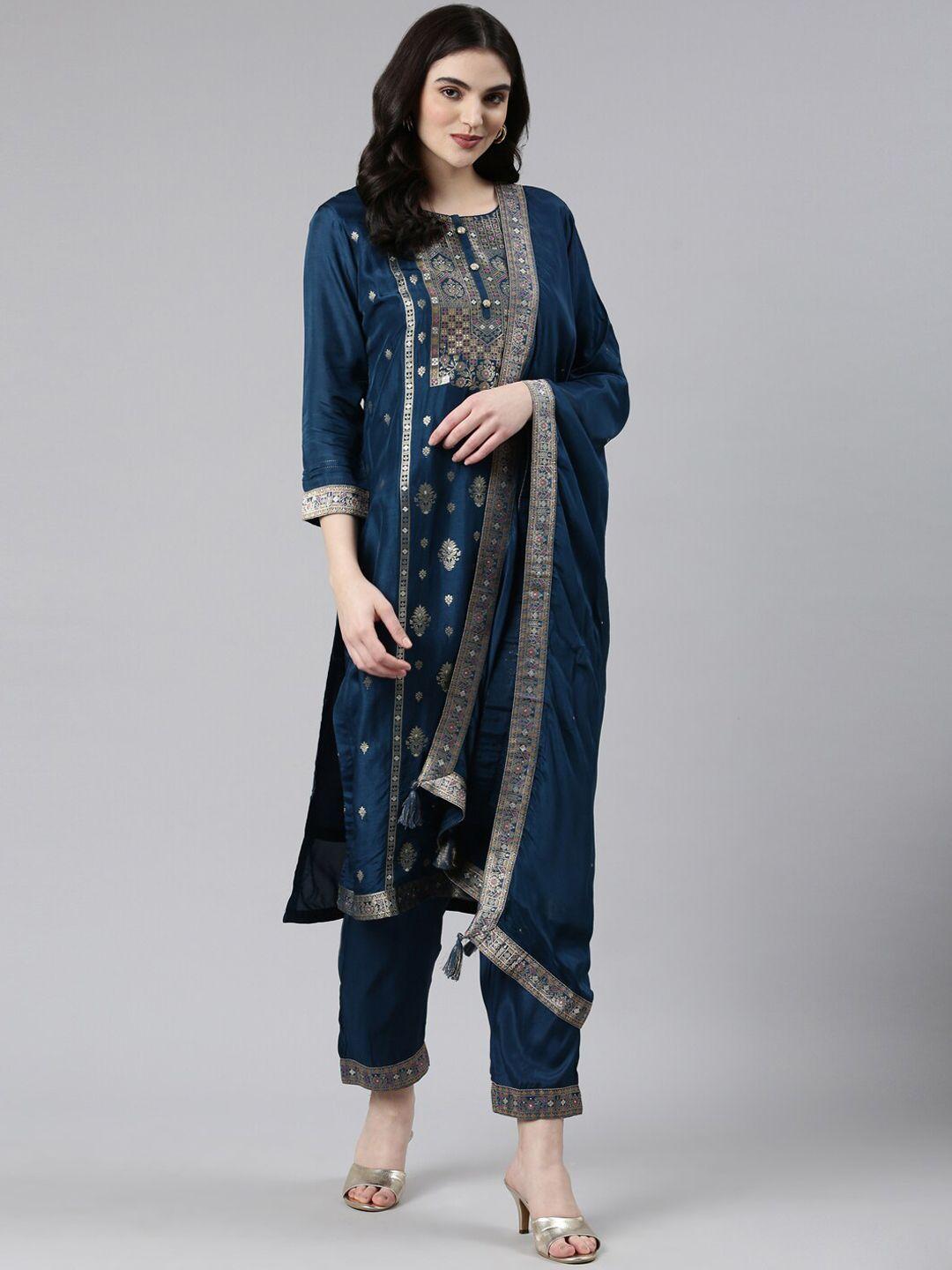 neerus ethnic motifs woven design zari kurta with trousers & dupatta