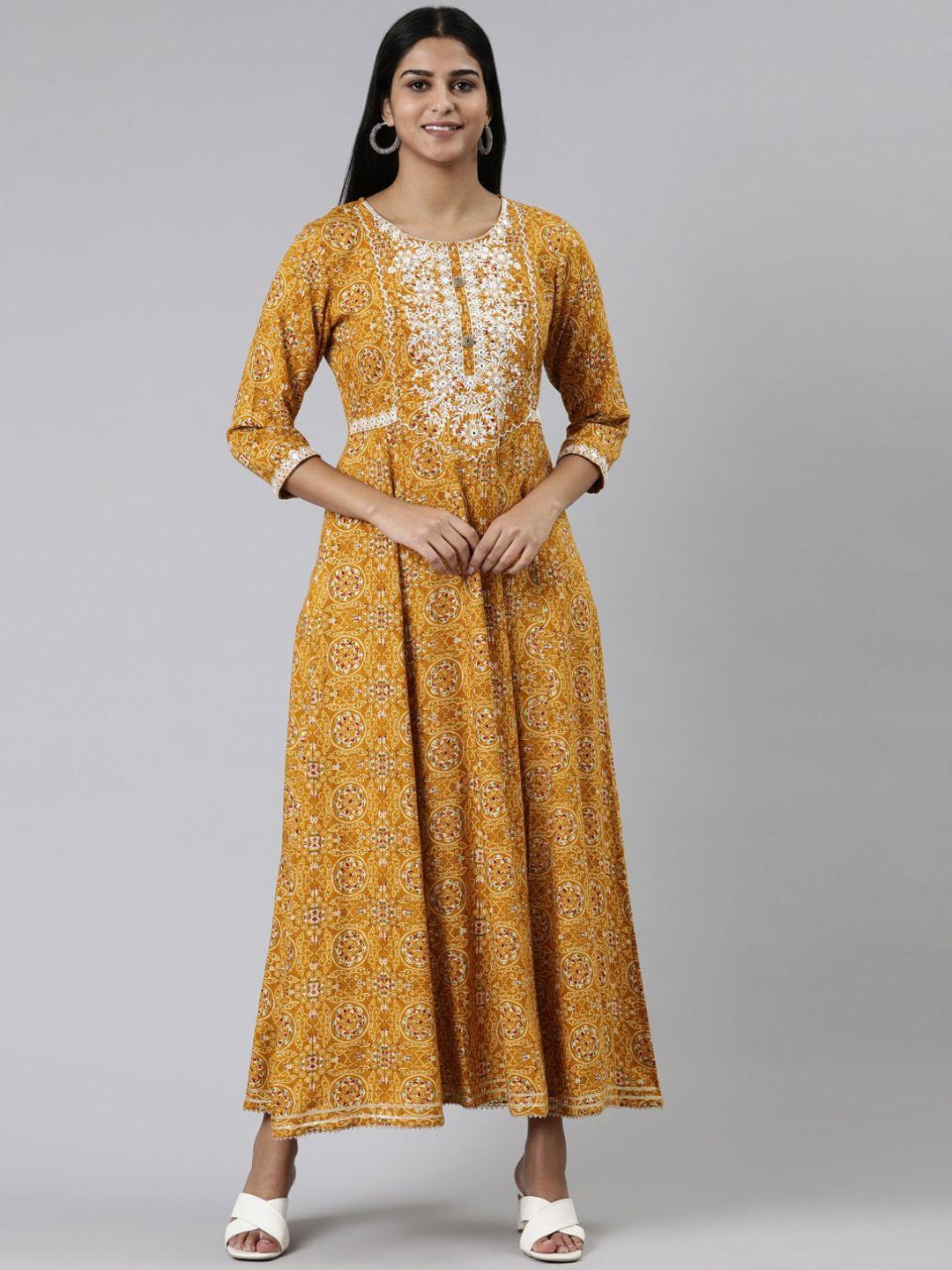 neerus ethnic printed embroidered detail fit & flare ethnic dress