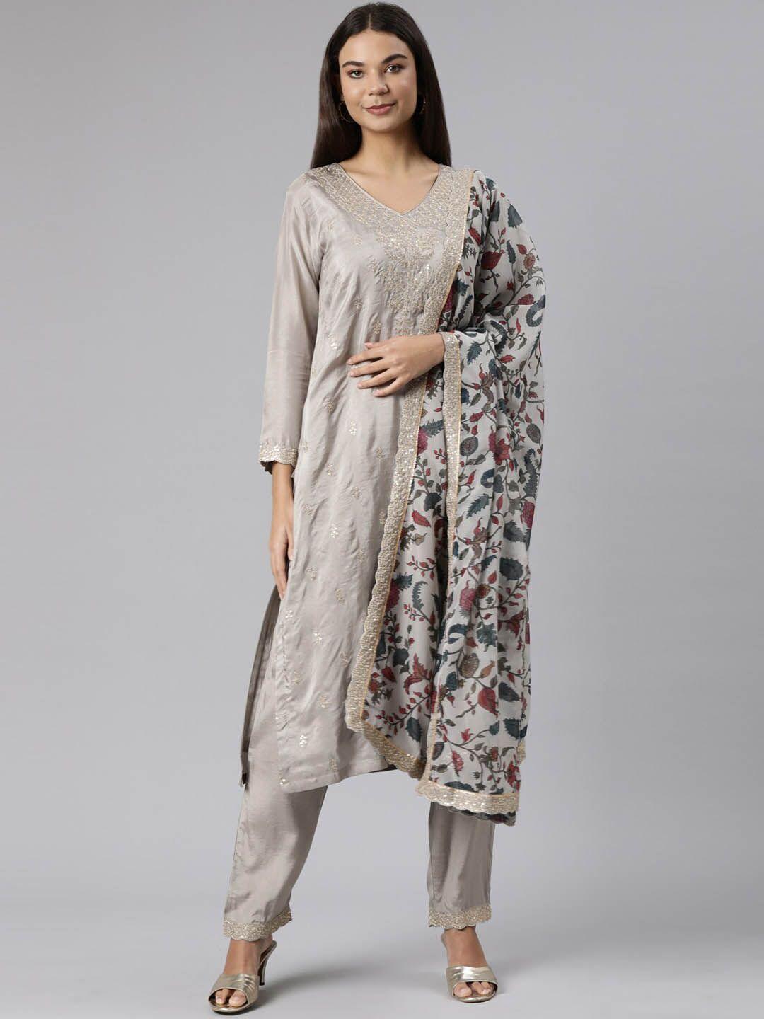 neerus floral embroidered aari work kurta with trousers & dupatta