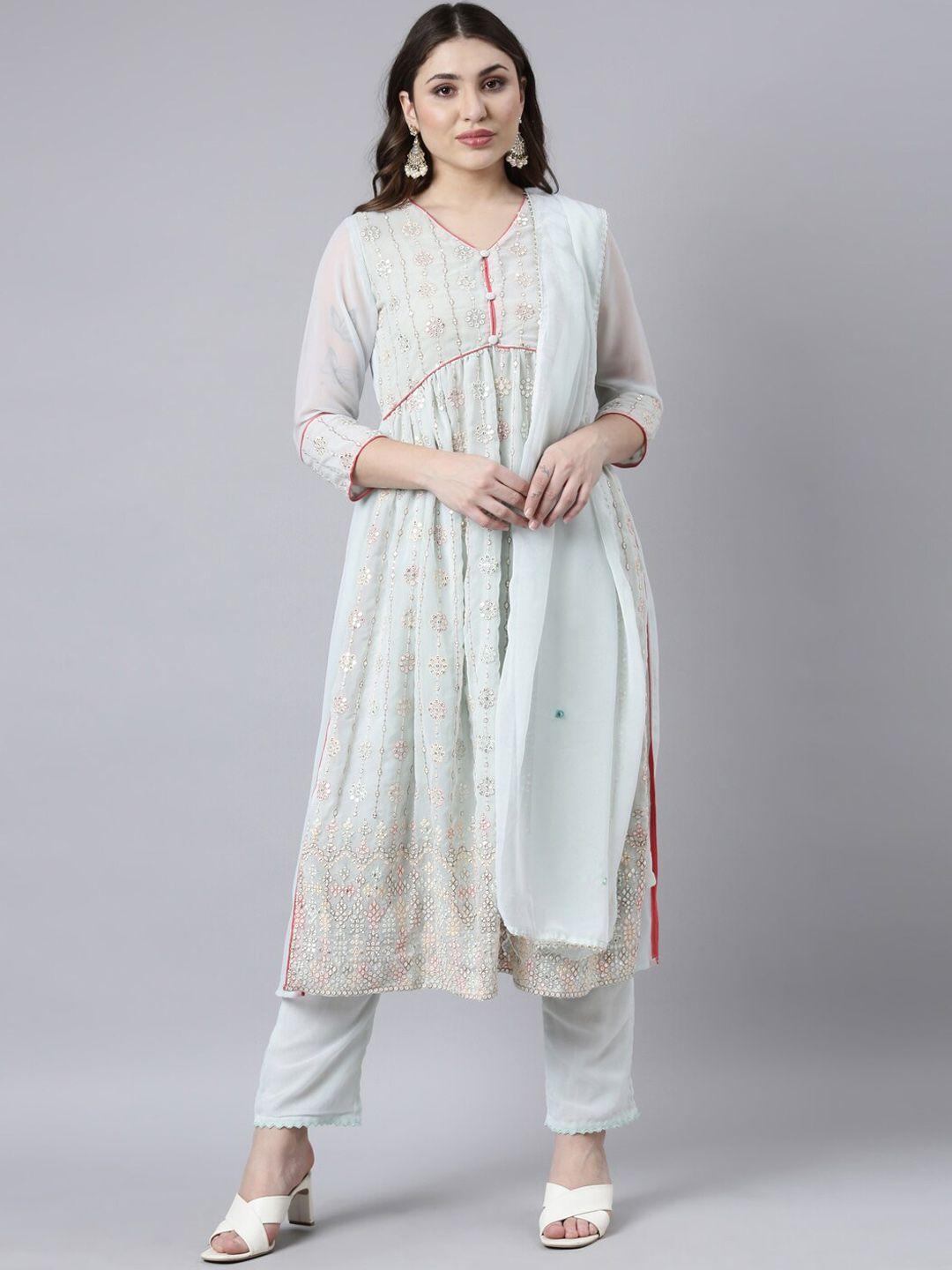 neerus floral embroidered empire mirror work anarkali kurta with trousers & dupatta