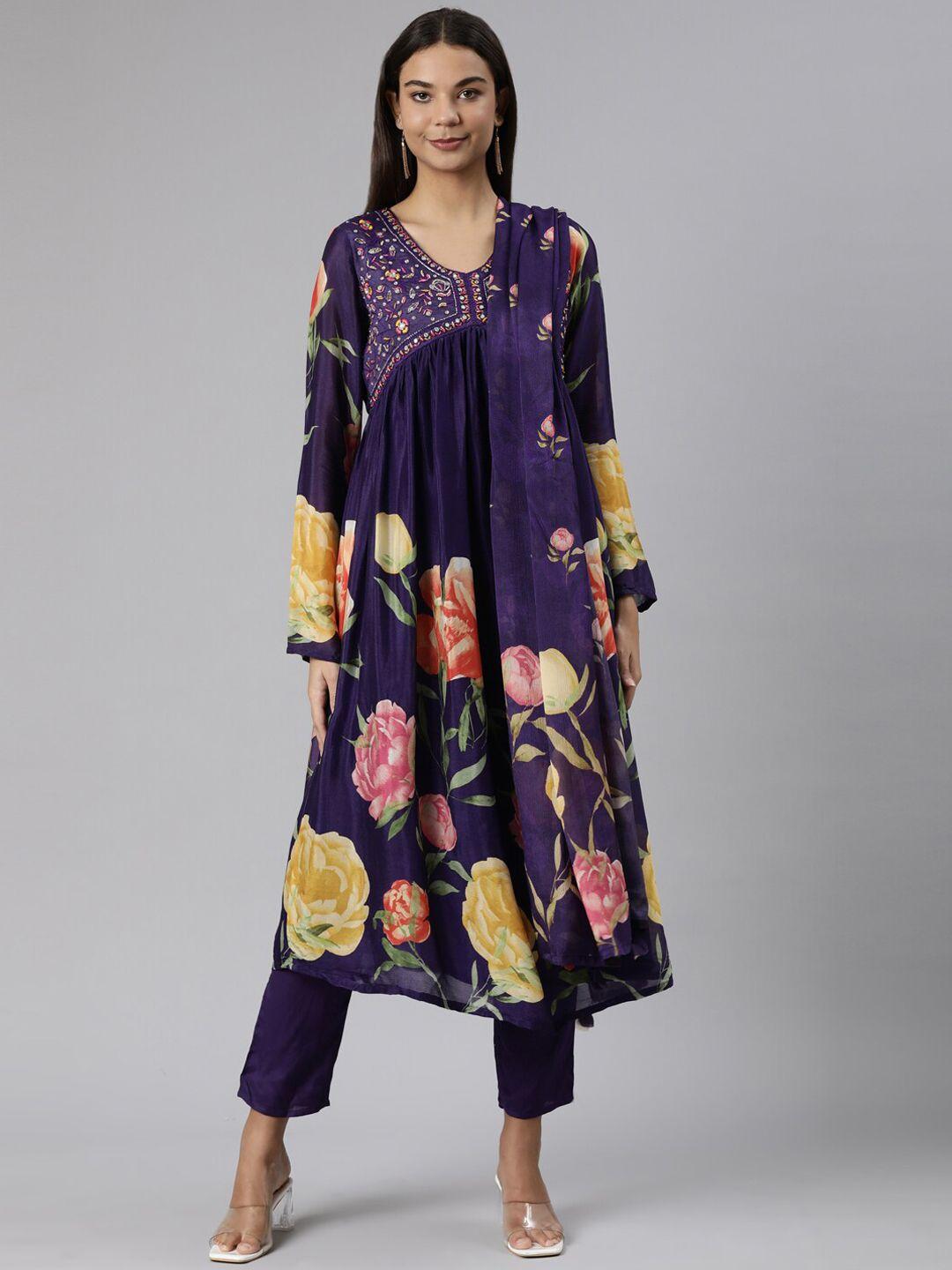 neerus floral embroidered empire thread work silk chiffon kurta with trousers & dupatta