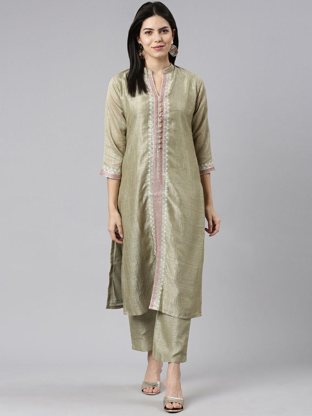 neerus floral embroidered mandarin collar thread work raw silk kurta with trousers