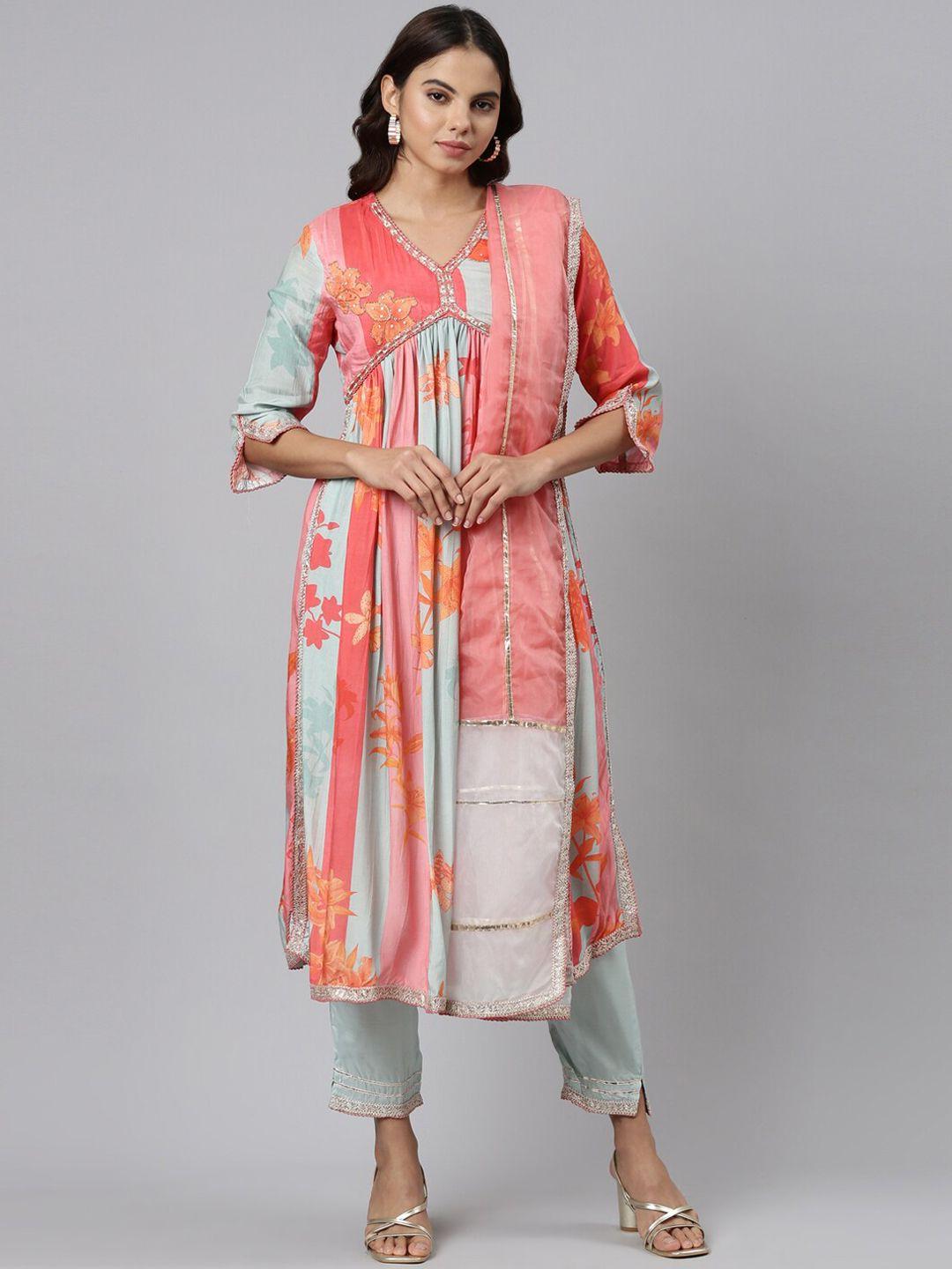 neerus floral embroidered regular beads and stones kurta with trousers & dupatta