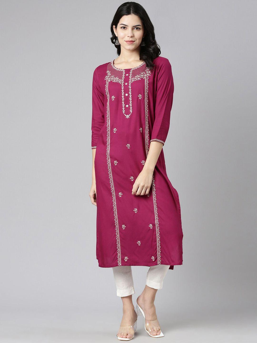 neerus floral embroidered round neck straight kurta