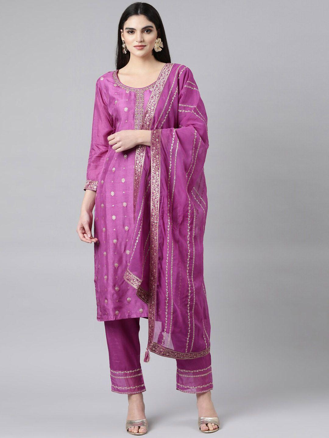neerus floral embroidered sequinned straight kurta with trousers & with dupatta