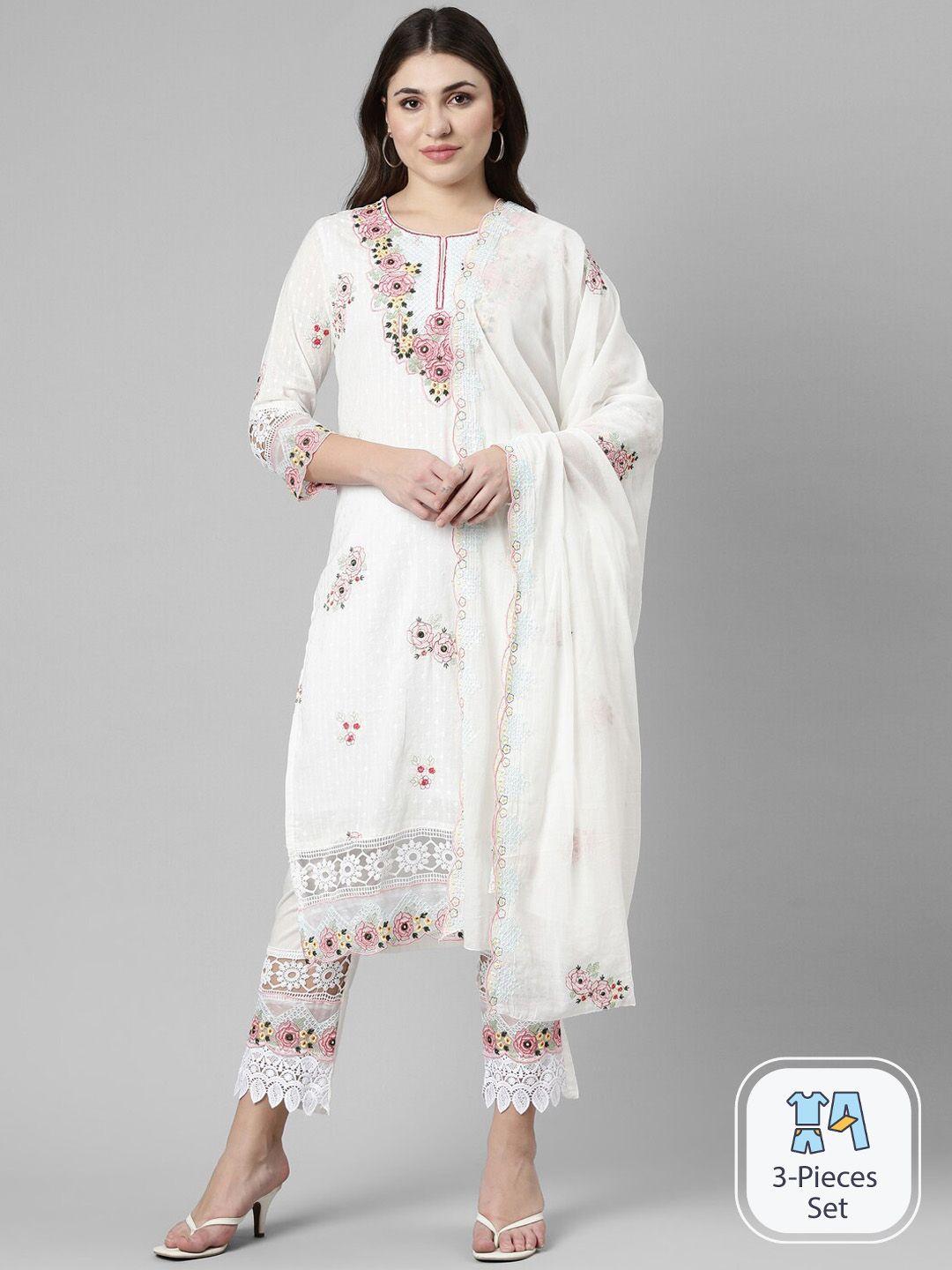 neerus floral embroidered thread work kurta with trousers & with dupatta