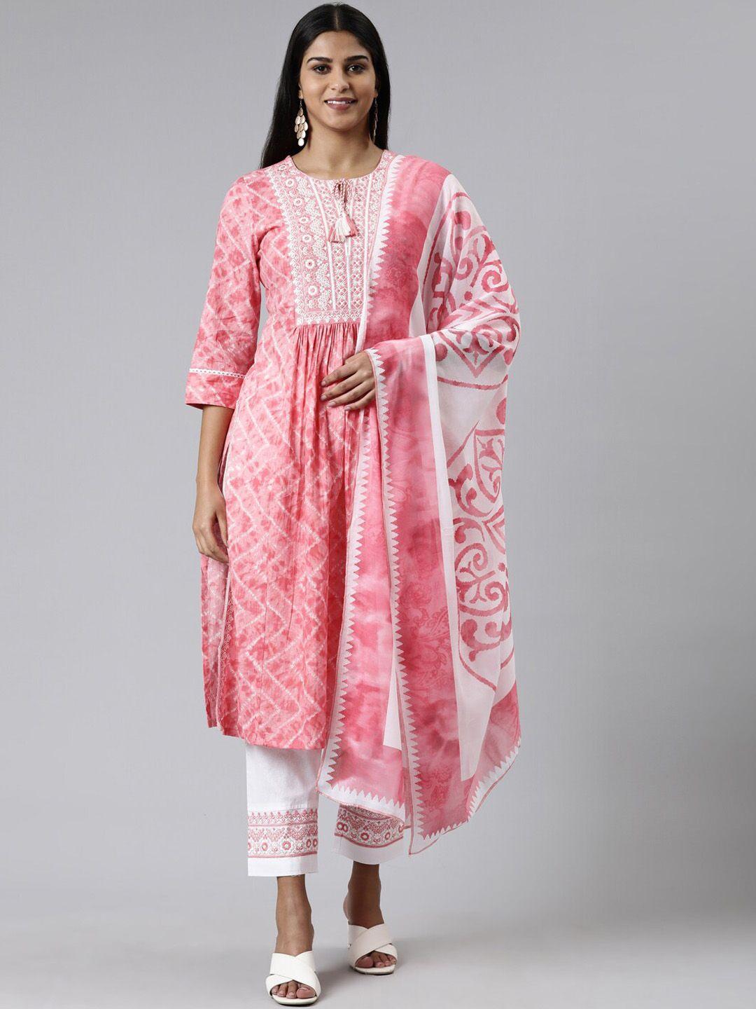 neerus floral embroidered thread work pure cotton kurta with trousers & with dupatta