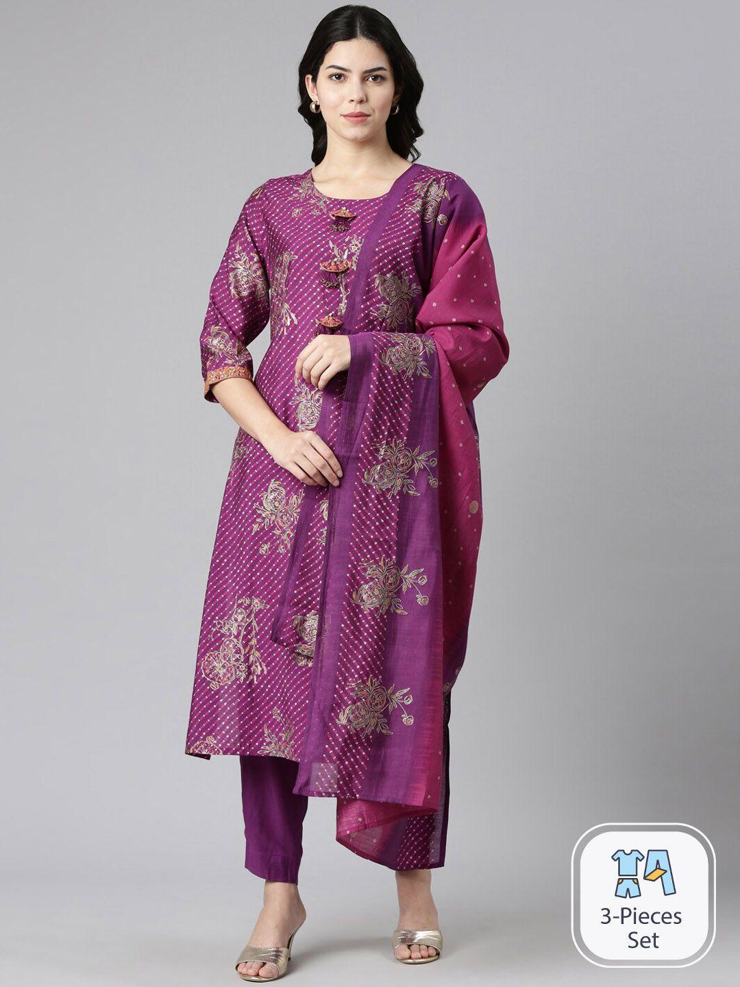 neerus floral embroidered thread work regular kurta with trousers & dupatta