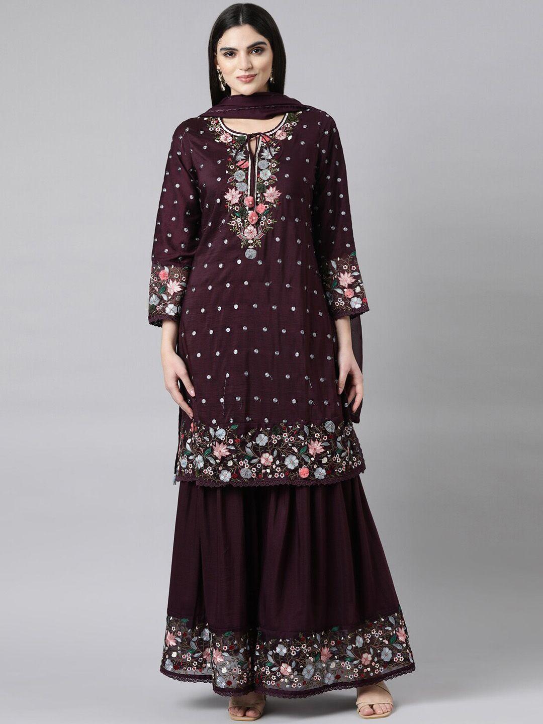 neerus floral embroidered tie-up neck straight kurta with sharara & dupatta