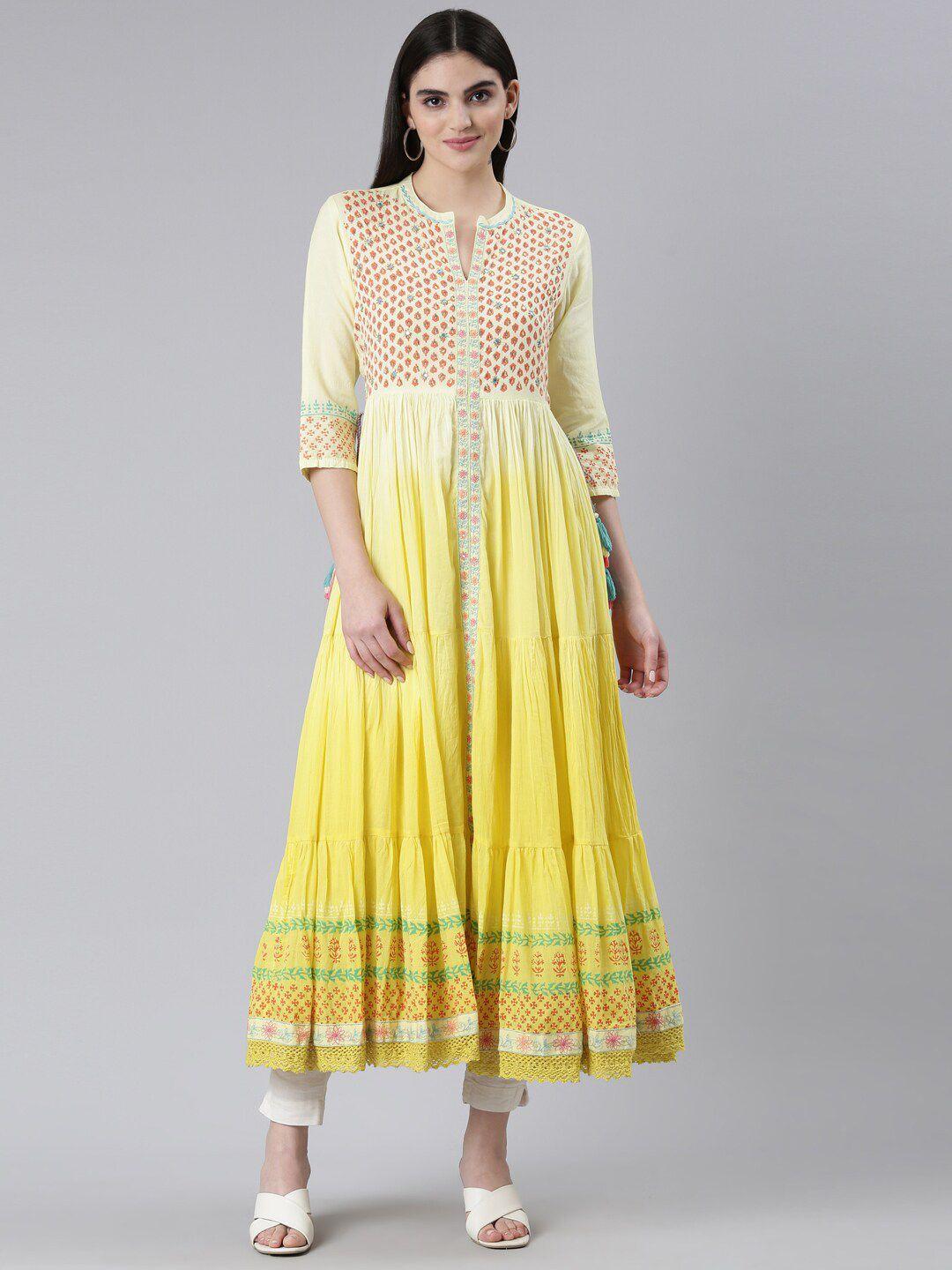 neerus floral printed anarkali tiered cotton maxi kurta