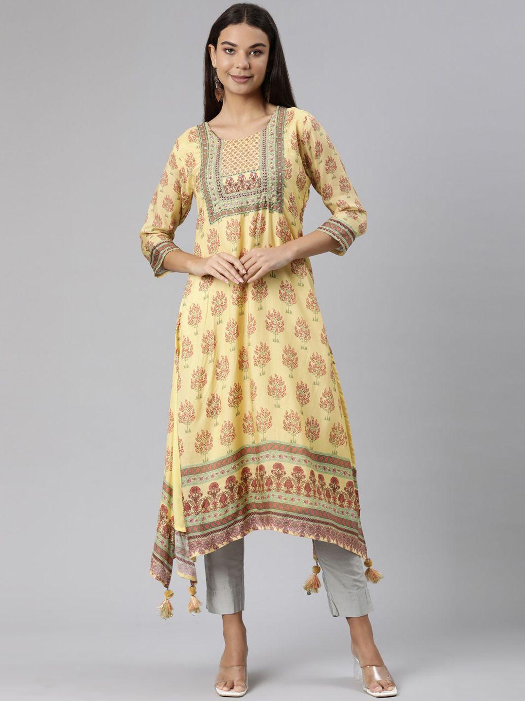 neerus floral printed asymmetric pure cotton a-line kurta