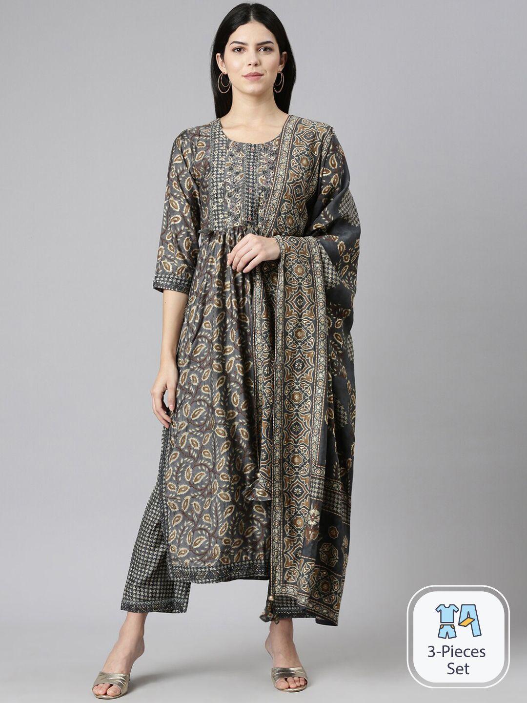 neerus floral printed beads and stones kurta with trousers & dupatta
