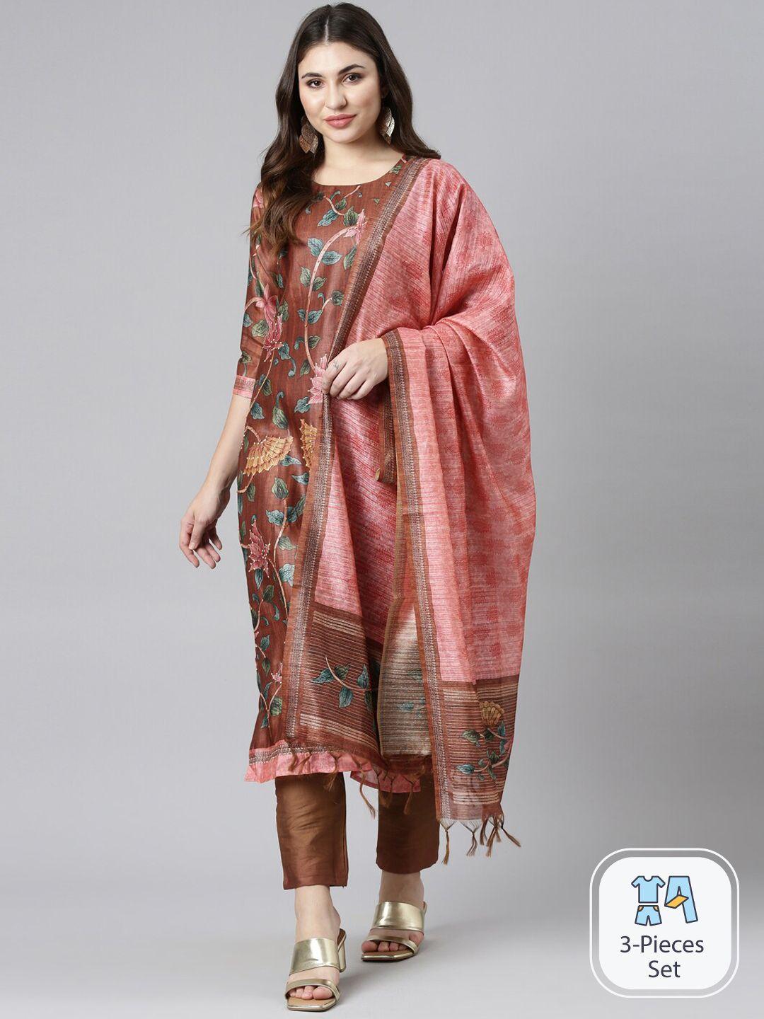 neerus floral printed chanderi cotton kurta with trousers & dupatta