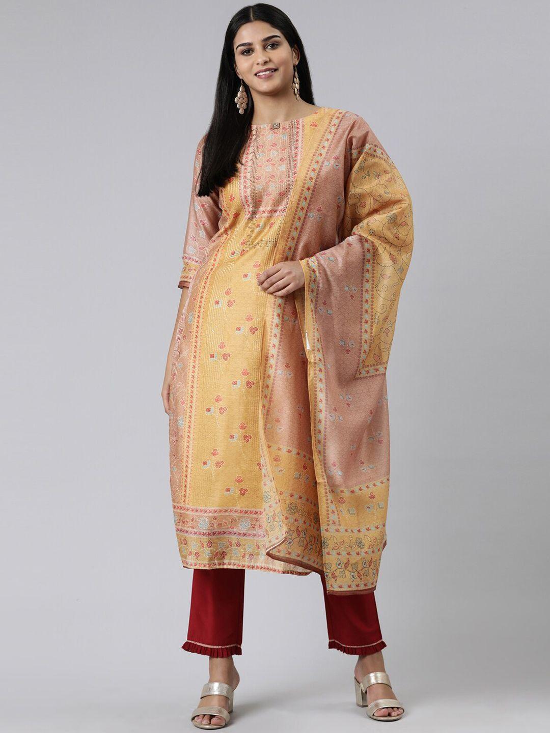 neerus floral printed chanderi cotton kurta with trousers & with dupatta