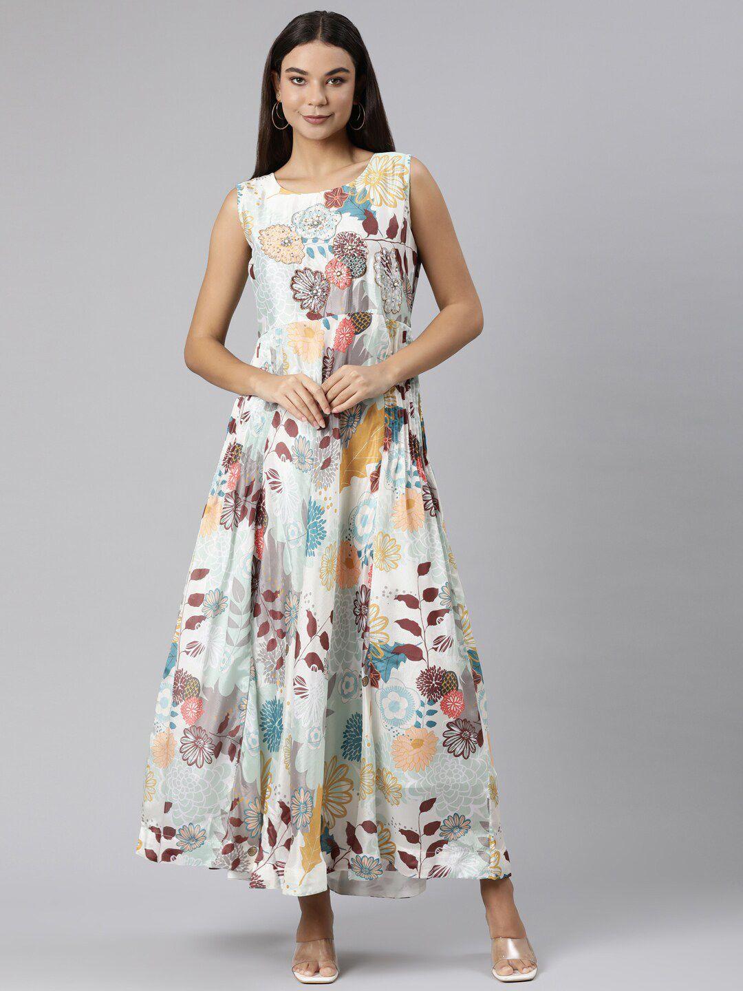 neerus floral printed embellished cotton fit & flare maxi ethnic dress