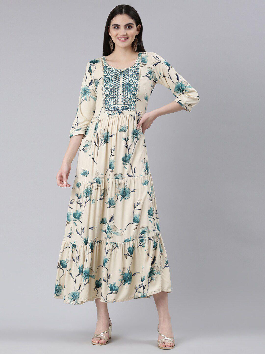 neerus floral printed embellished tiered a-line ethnic dress