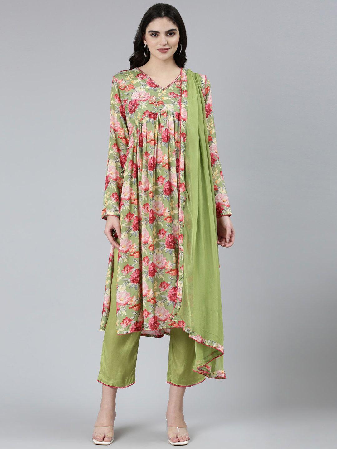 neerus floral printed empire kurta with trousers & dupatta