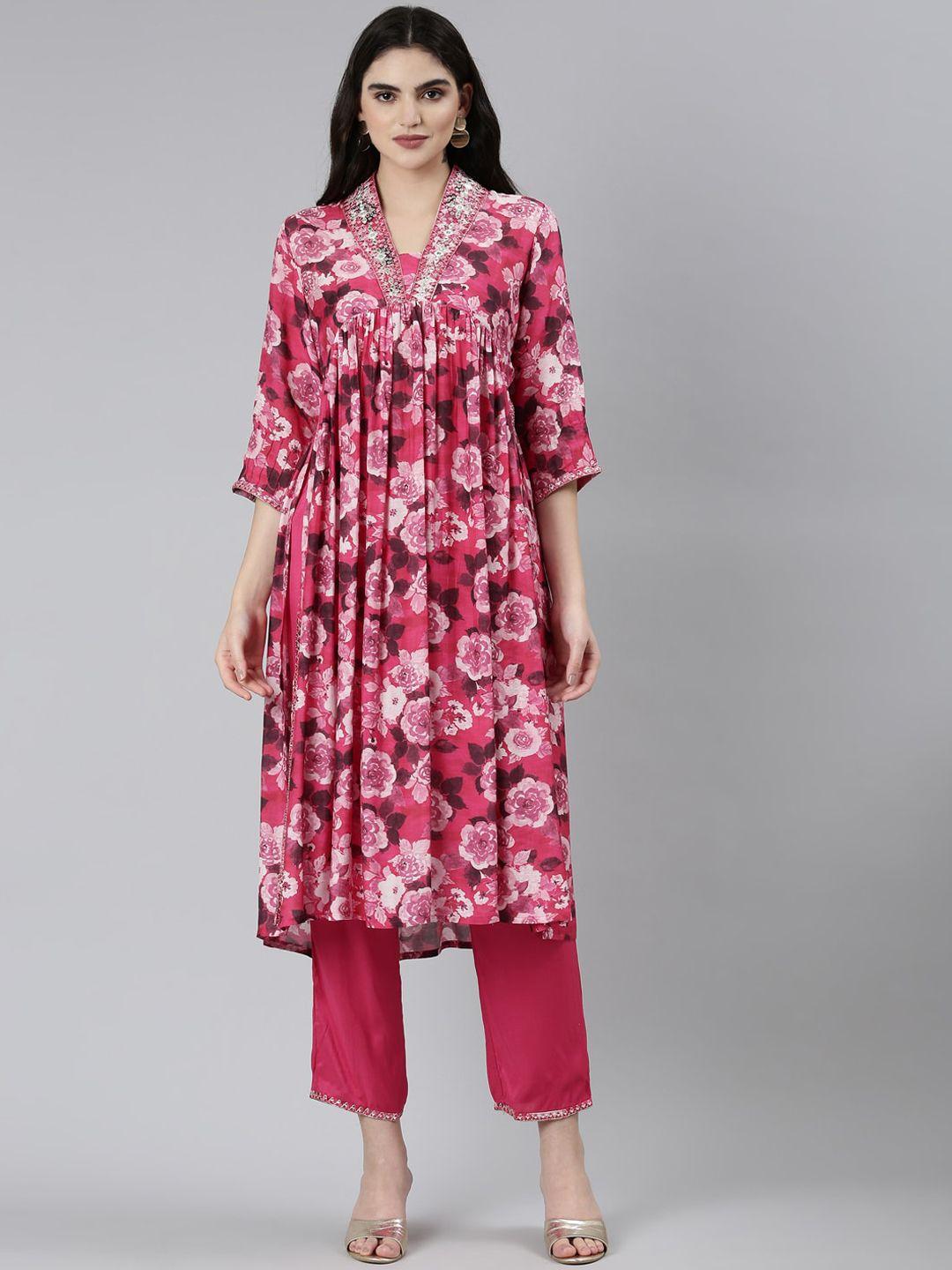neerus floral printed empire thread work kurta with trousers