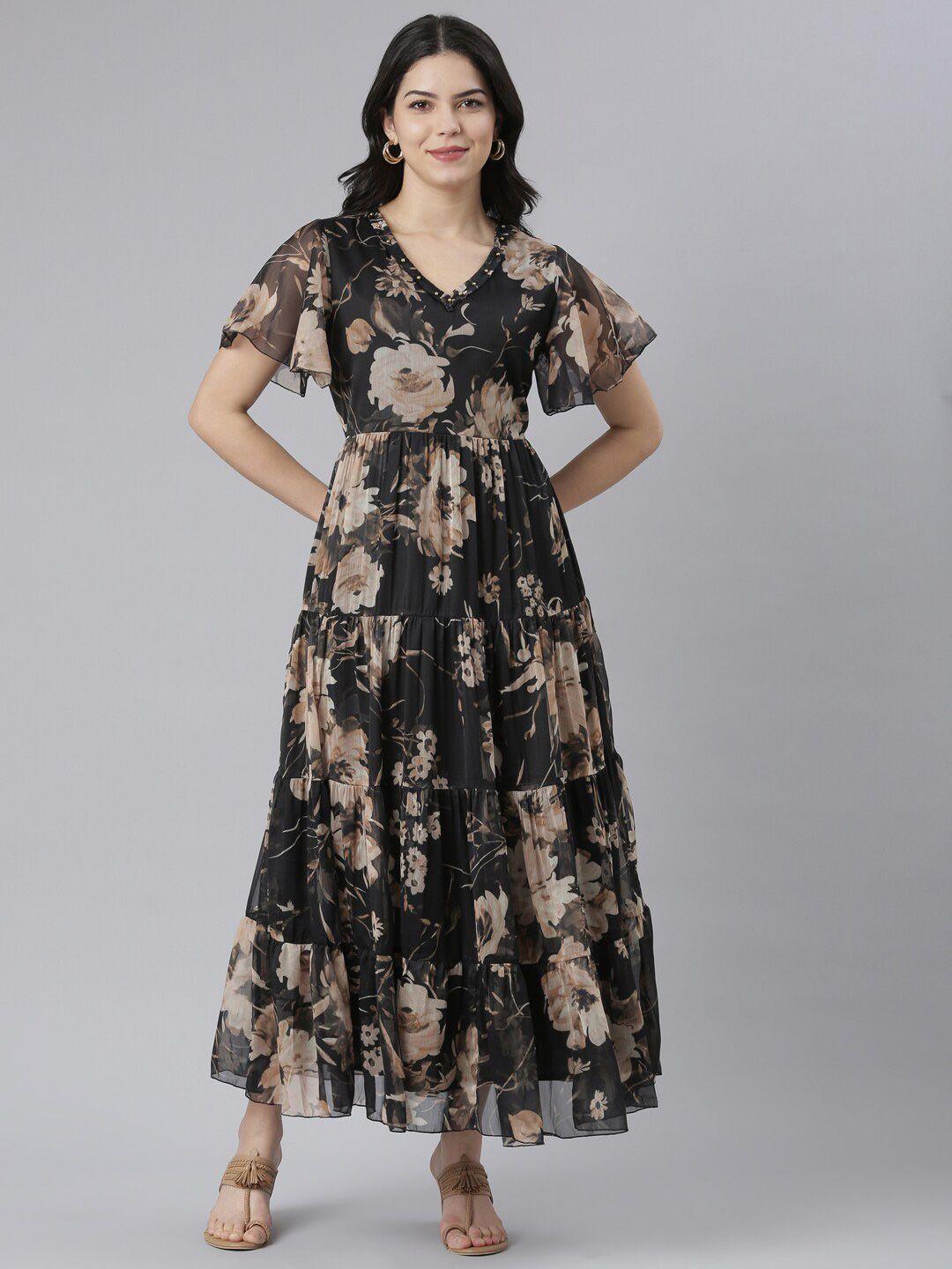 neerus floral printed flared sleeve silk maxi dress