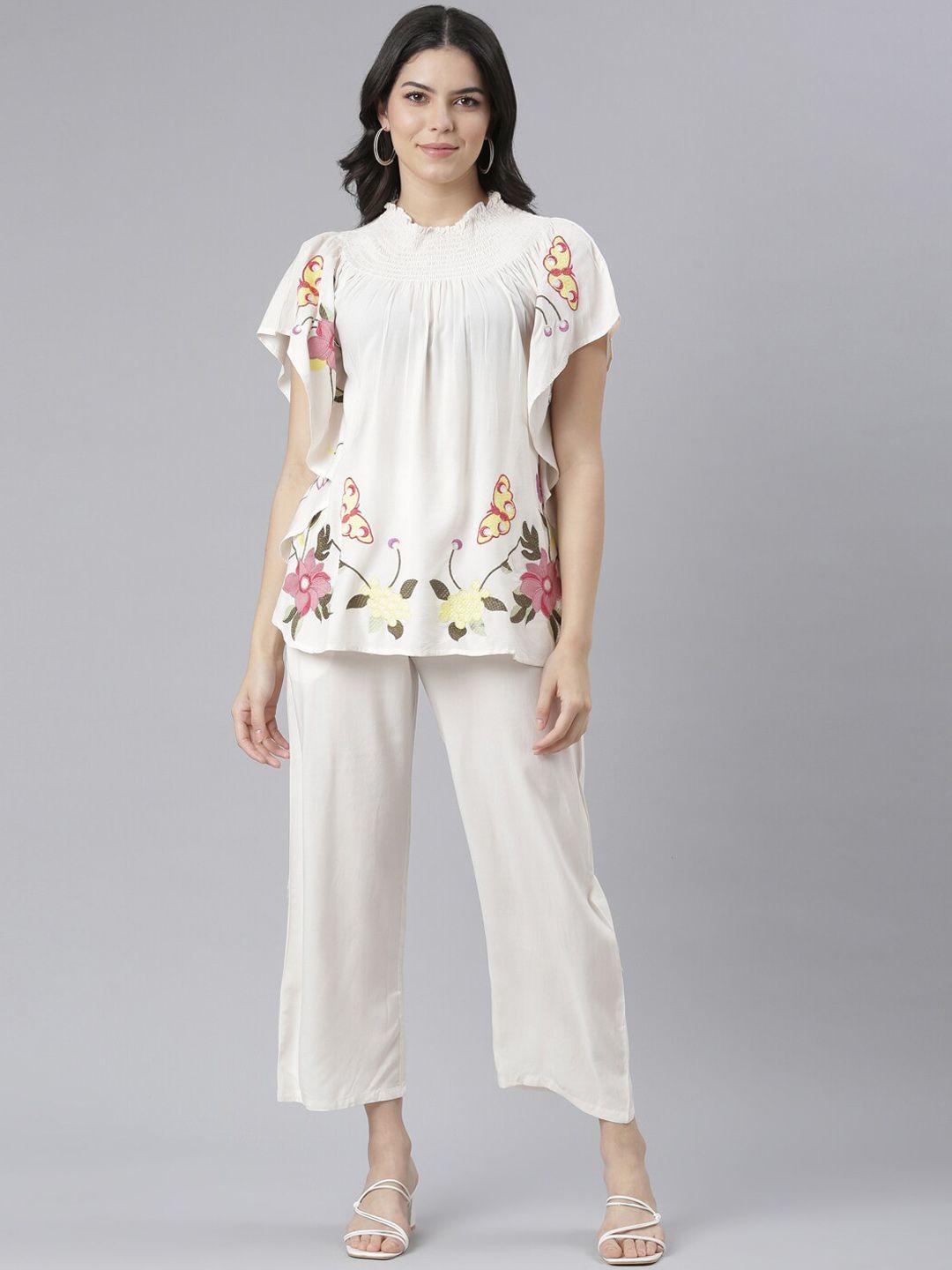 neerus floral printed high neck top with trouser