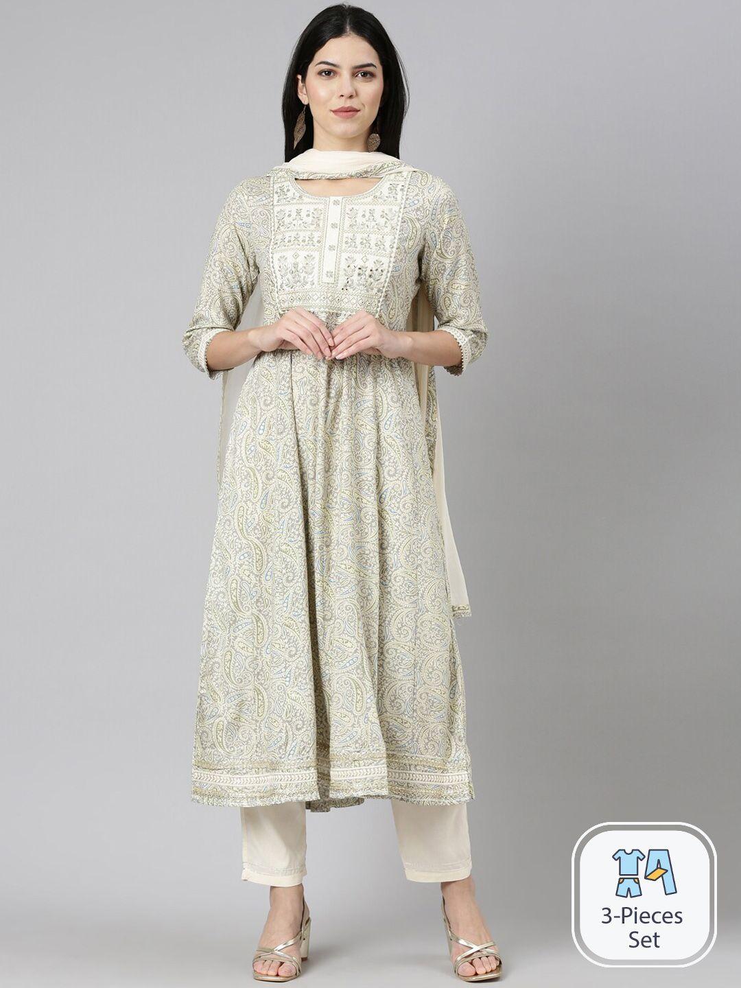 neerus floral printed kurta & trousers with dupatta