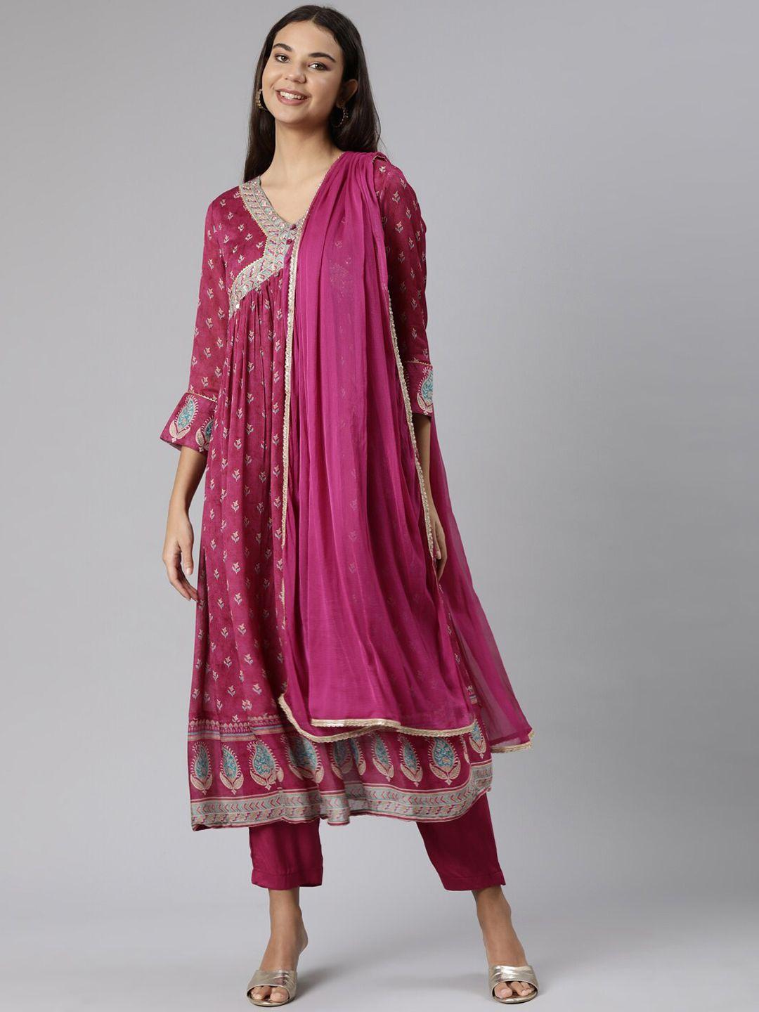 neerus floral printed kurta with trousers & dupatta