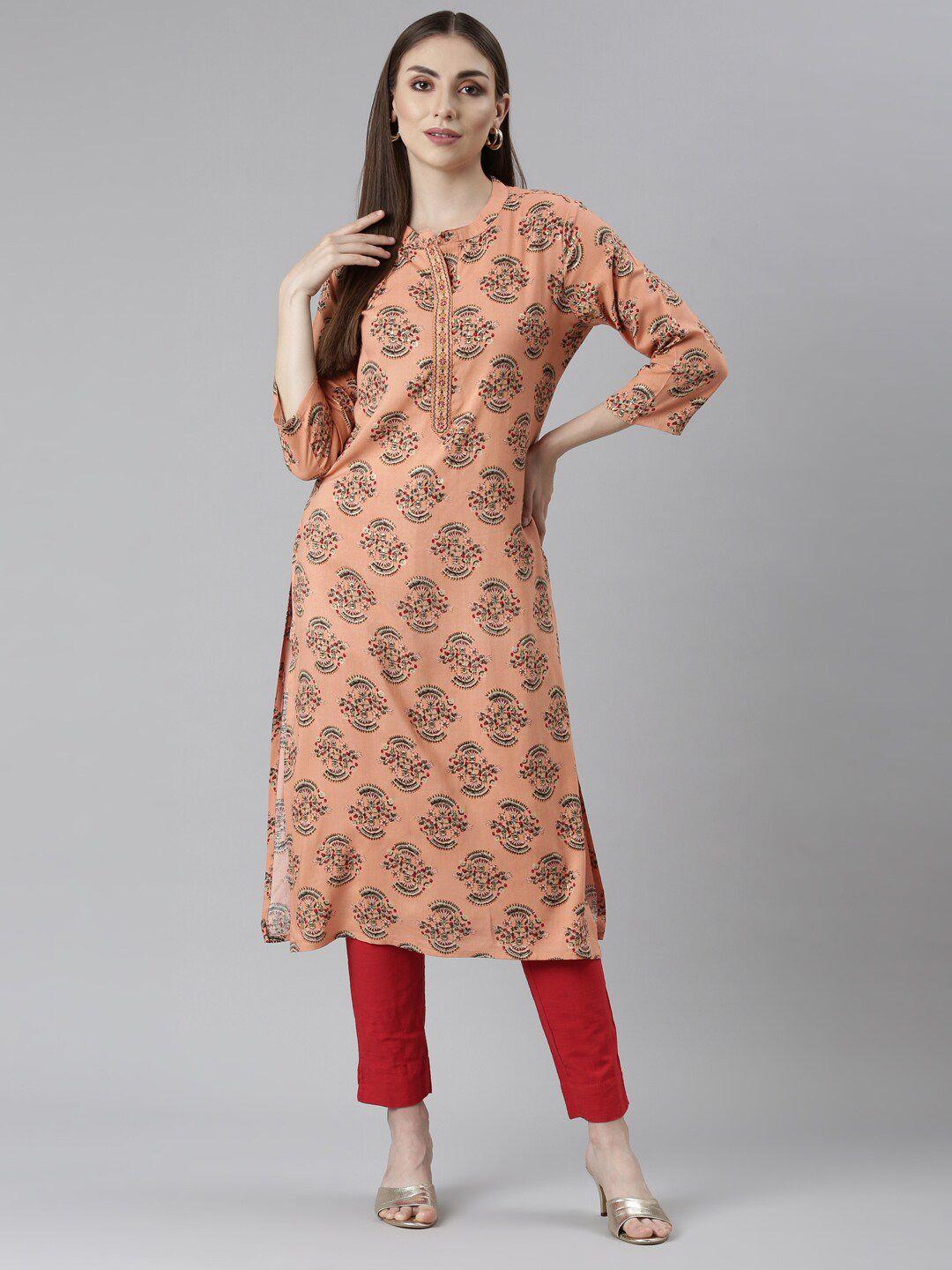 neerus floral printed mandarin collar straight kurta