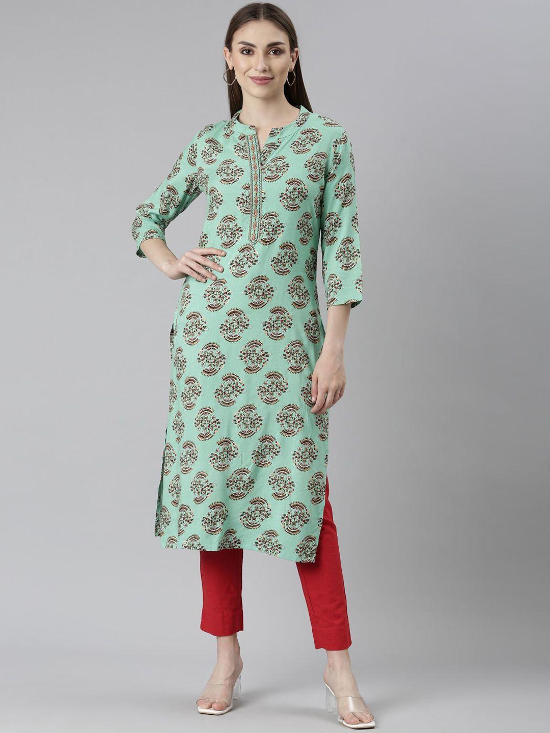 neerus floral printed mandarin collar straight kurta