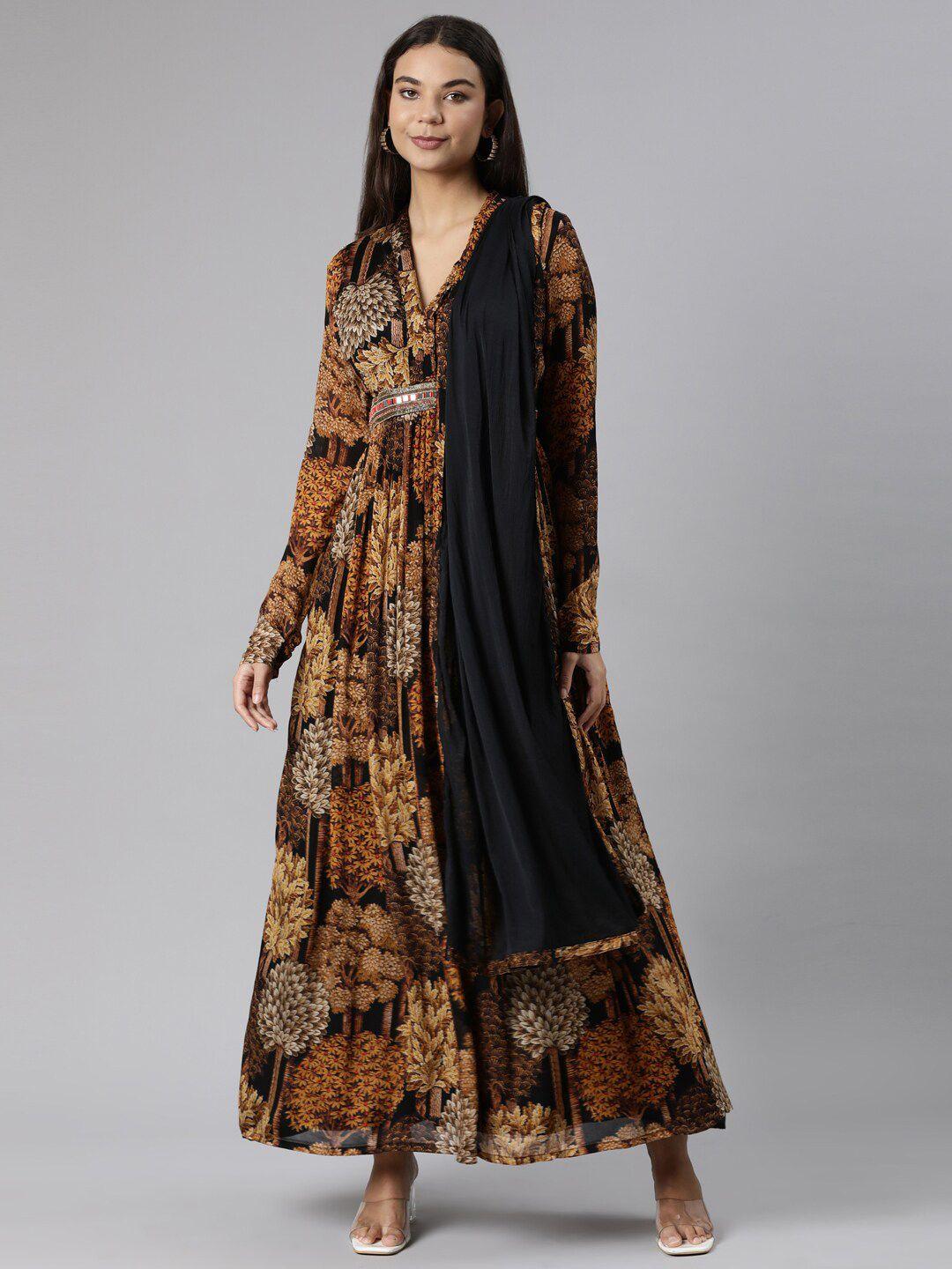neerus floral printed maxi silk ethnic dress